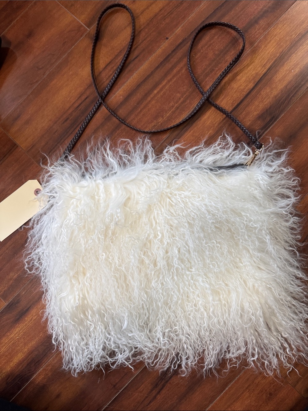 Real Australian White sheepskin Crossbody Bag with Brown Strap
